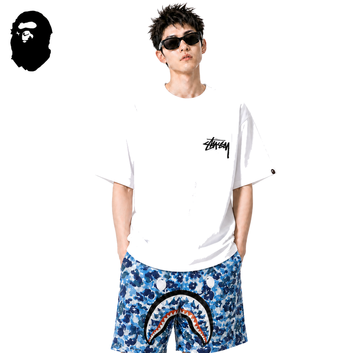 BAPE x Stussy Small Logo Men's T-Shirt - White