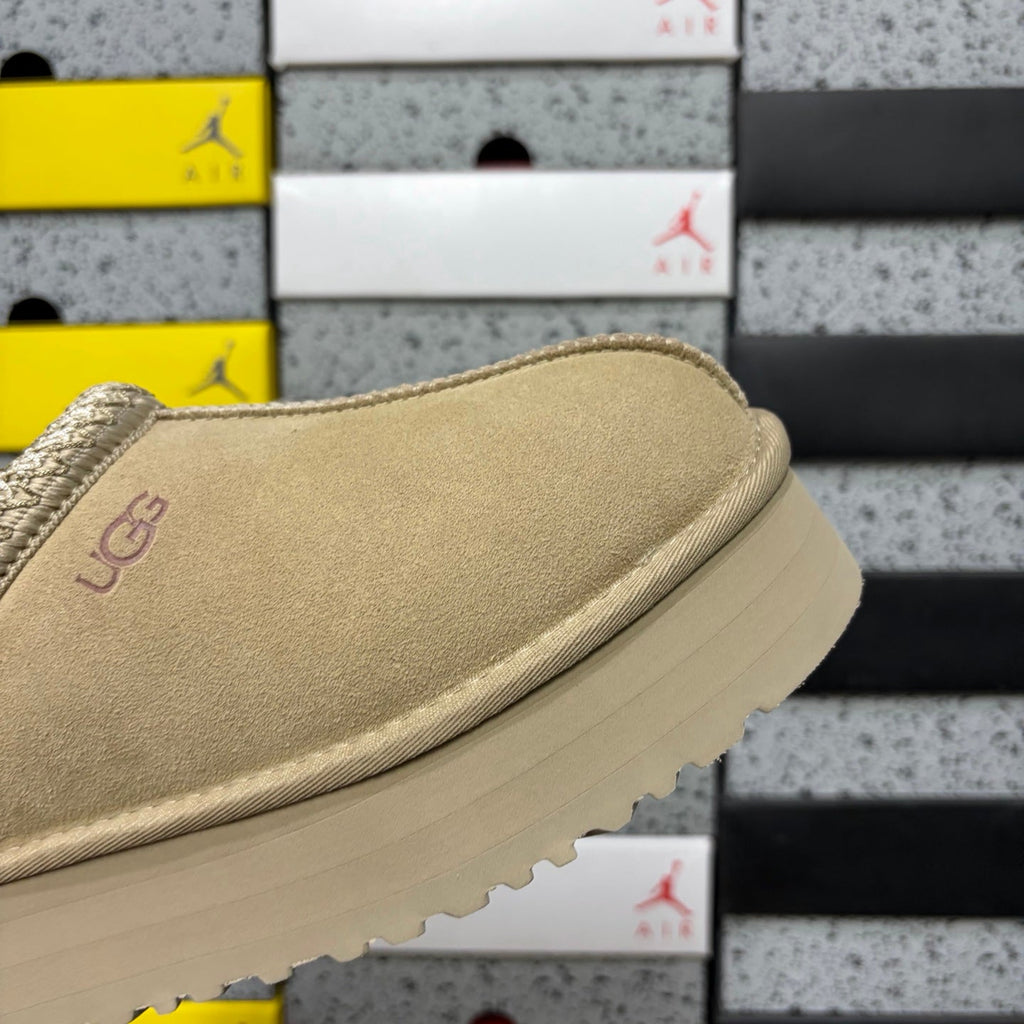 UGG Tazz Platform Slipper – Suede Mule with Shearling Lining, Metallic Braided Collar Trim & Chunky Sugar Sole Platform in Sand