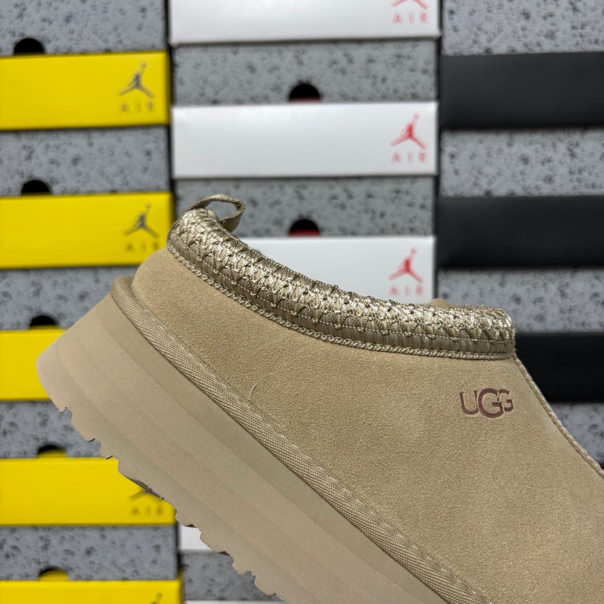 UGG Tazz Platform Slipper – Suede Mule with Shearling Lining, Metallic Braided Collar Trim & Chunky Sugar Sole Platform in Sand
