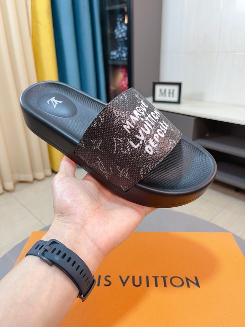 Louis Vuitton Men's Patterned Strap Slide Sandals - Black and Dark Brown