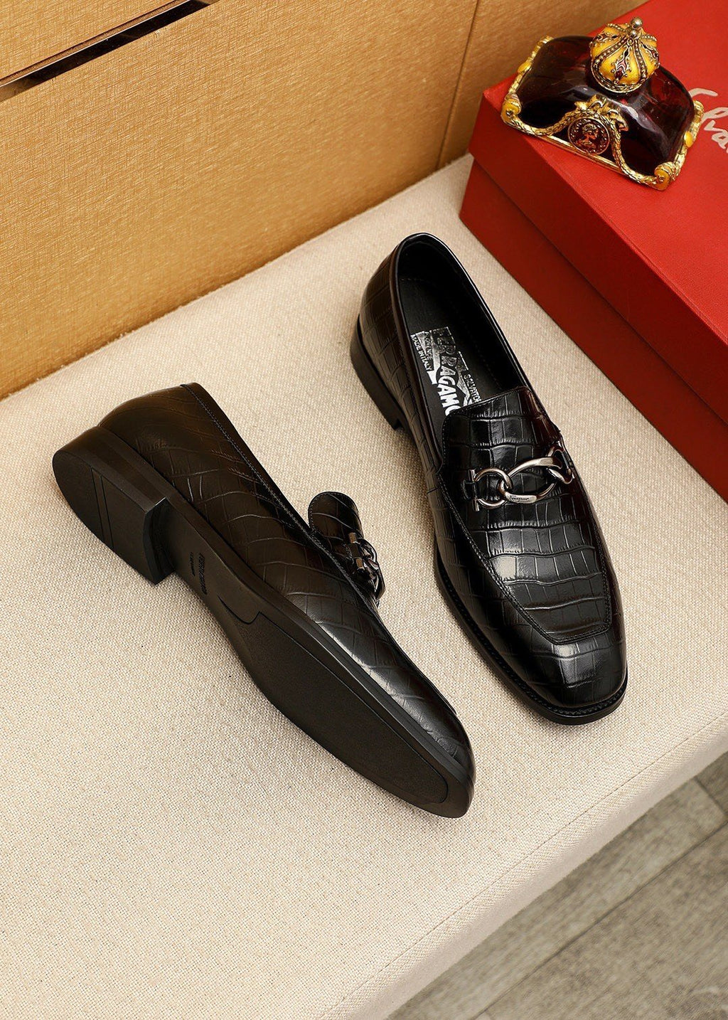 Ferragamo Black Embossed Bit Loafers - Croc-Embossed Texture