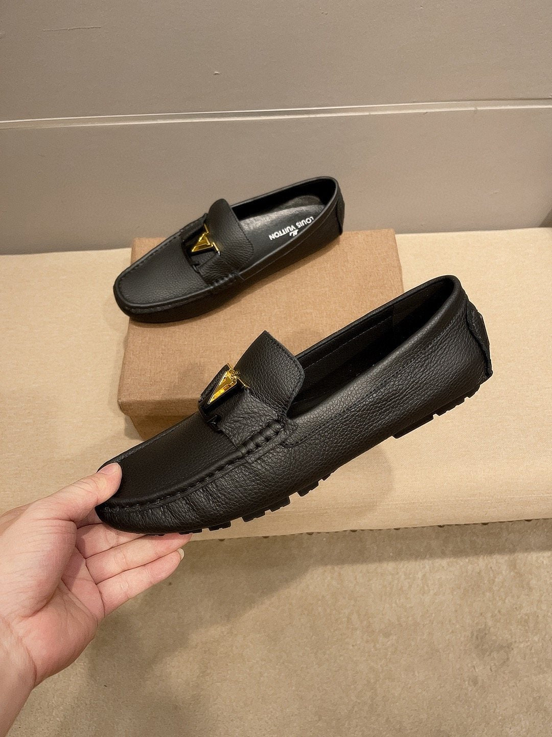 Louis Vuitton Black Gold-Tone Buckle Loafers