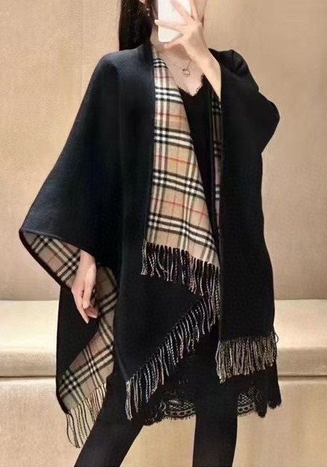 Burberry Reversible Plaid Fringe Cape Shawl