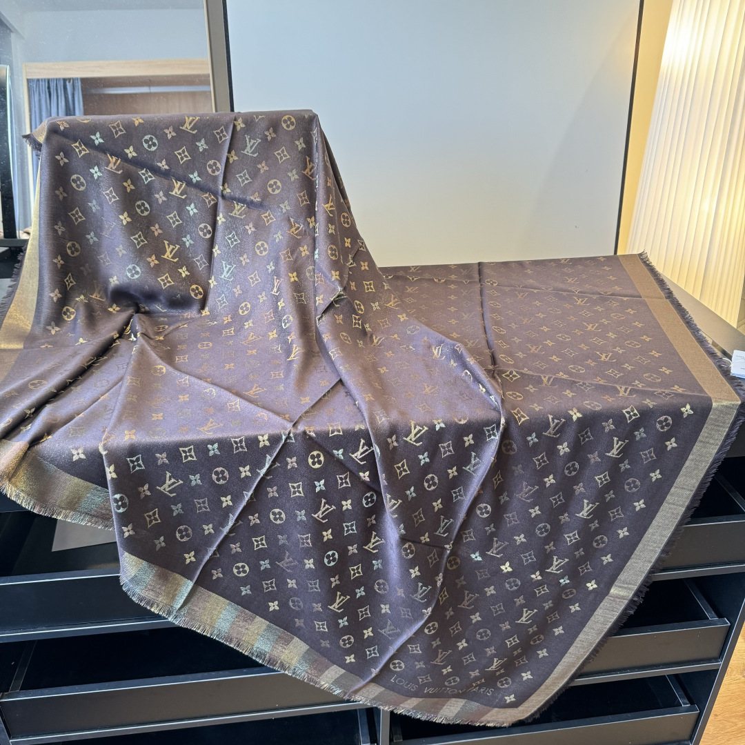 Louis Vuitton Charcoal Gold Monogram Fringed Shawl